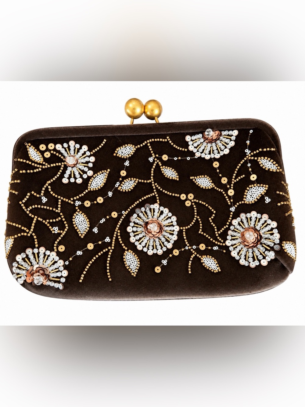 Zara Brown Velvet Beaded Floral Clutch with Gold Accents